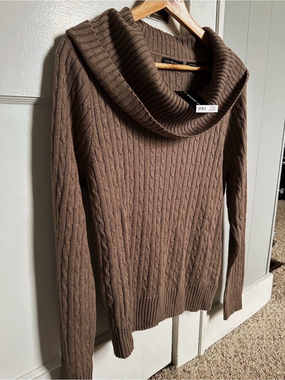 JEANNE PIERRE Brown Cable Knit Cowl Neck Sweater